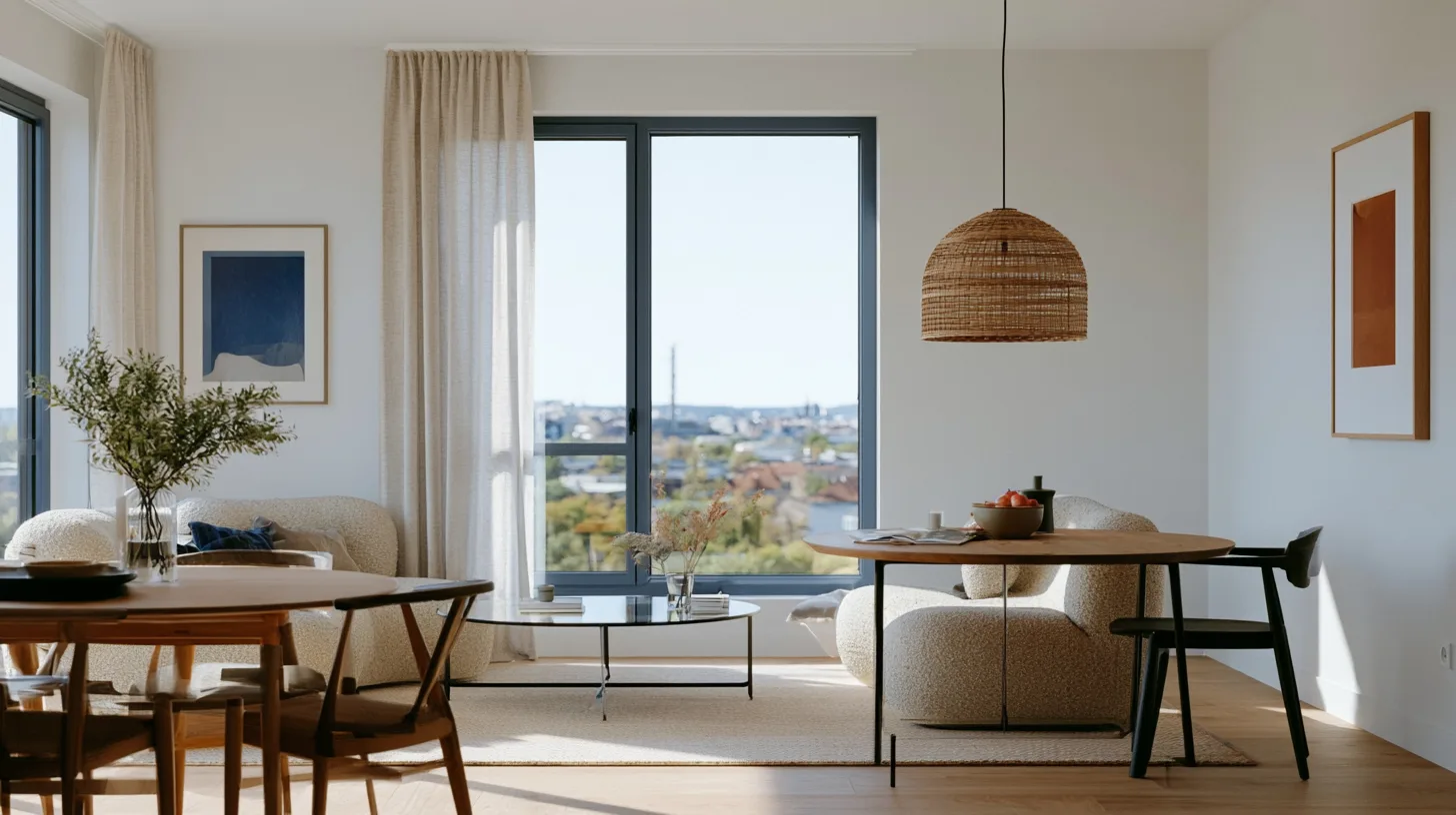Séjour d'un appartement neuf ouvert sur une baie vitrée avec vue sur la ville